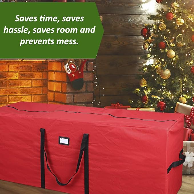 Primode Heavy Duty Christmas Tree Storage Bag | Fits Up to 7-8 Ft. Disassembled Holiday Tree | 50” x 15” x 20” Tree Storage Container | Durable 600D Oxford Material | Xmas Storage Box (Red)