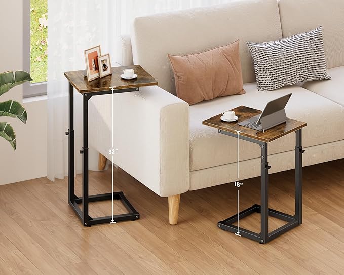 Vagusicc C-Shaped End Table for Sofa, 33"Tall Side Table for Couch, C Table End Table Adjustable Height Couch Side Table, Couch Table Slide Under Sofa Table TV Tray Table for Living Room,Bedroom,Brown