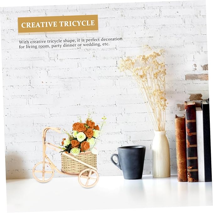 VOSAREA Handmade Rattan Tricycle Basket Mini Bamboo Pen Organizer for Desktop Decor Creative Storage for Home Office and Parties