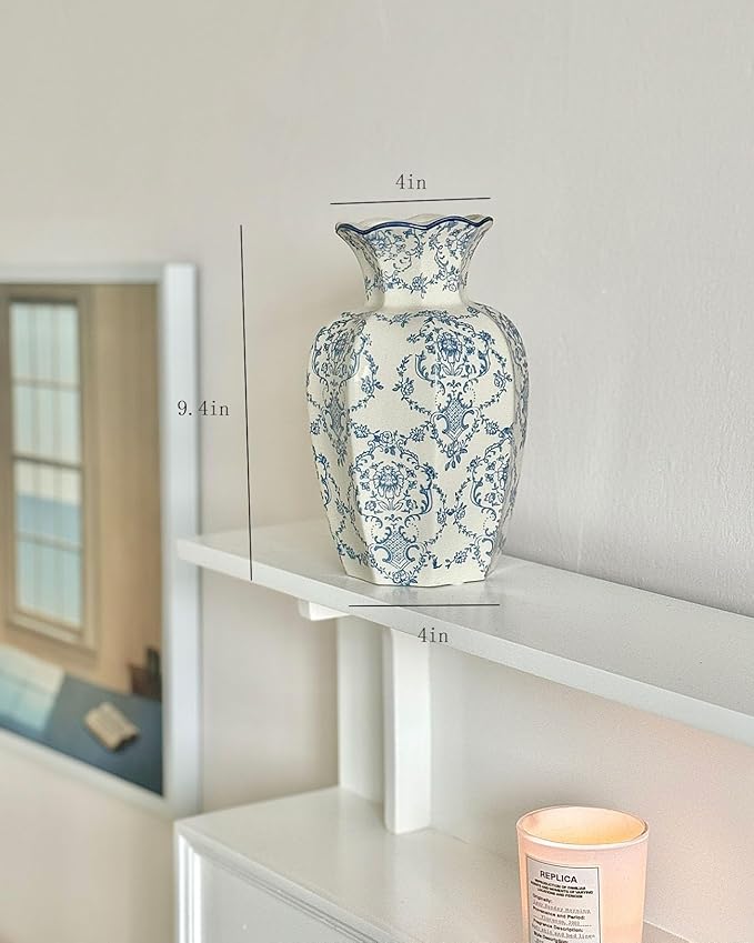 Vintage Blue Ceramic Vase, Blue and White Porcelain Decorative Flower Vase for Centerpiece Living Room Table Shelf, Chinoiserie French Country Decor