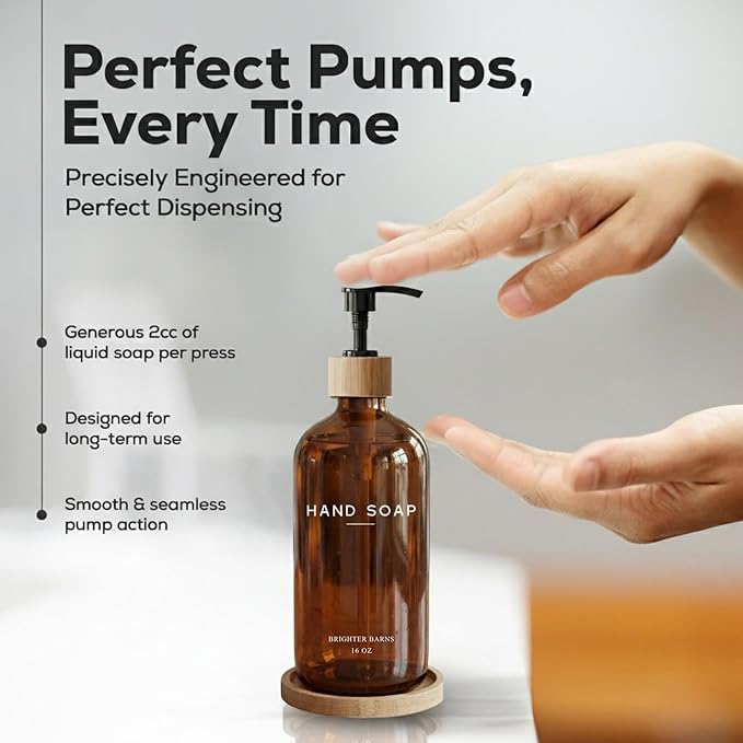 Amber Glass Hand Soap Dispenser Bathroom Set by Brighter Barns - Hand Soap Dispenser for Kitchen Sink & Bathroom - Bamboo Glass Bottle with Tray - Modern Home Decor for Spa, RV, Fitness Center (Amber)
