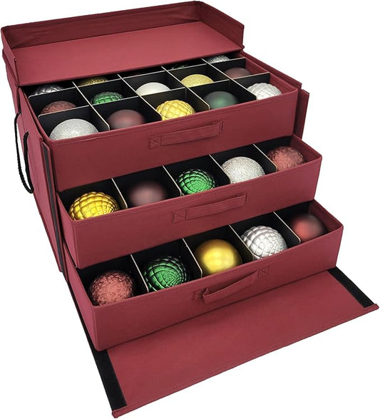 612 Vermont Christmas Ornament Storage Box with 3 Trays, Adjustable Acid-Free Dividers, Holds 60-4 Inch Ornaments
