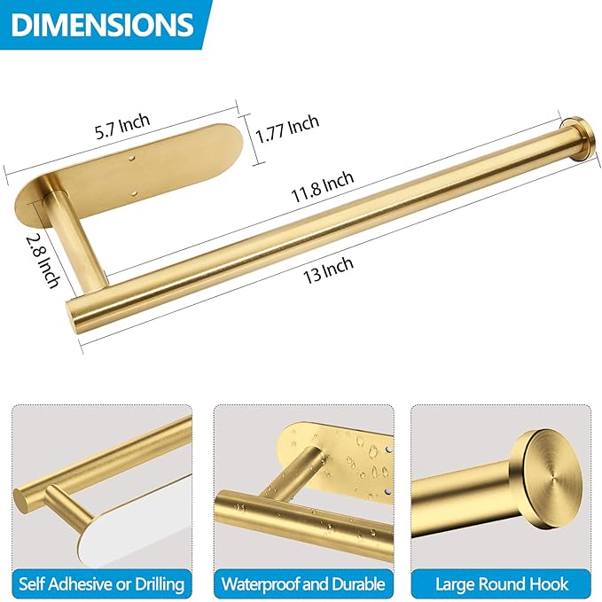 Gold Paper Towel Holder Under Cabinet, Adhesive Paper Towel Roll Holder Stick on Wall, Stainless Steel Towel Paper Holder for Bathroom Kitchen
