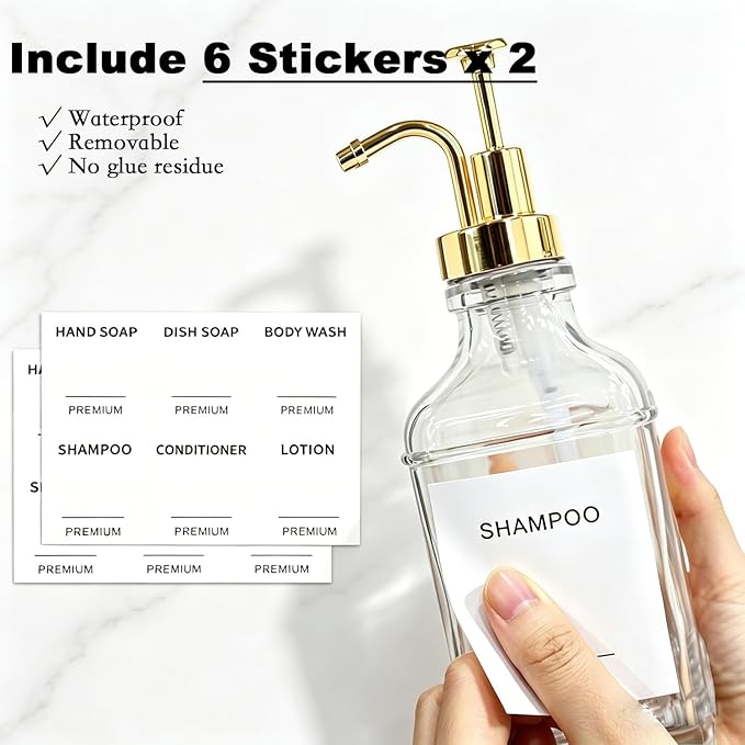 Dish Soap Dispenser for Kitchen, Hand Glass Soap Dispenser Set with Pump, Funnel for Bathroom, Shower, Laundry, Liquid, Lotion (Gold 2 Pack 18 Oz Clear Bottles with 12 Stickers)