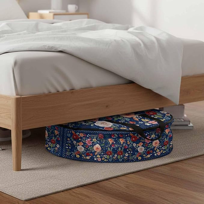 Storage Bag Navy Blue Floral Round Storage Totes Bins Closet Organizers with Zippers & Handle Farmhouse Vintage Flower Clothes Storage Container for Bedroom Dorm Space Saving Packing Supplies Bags