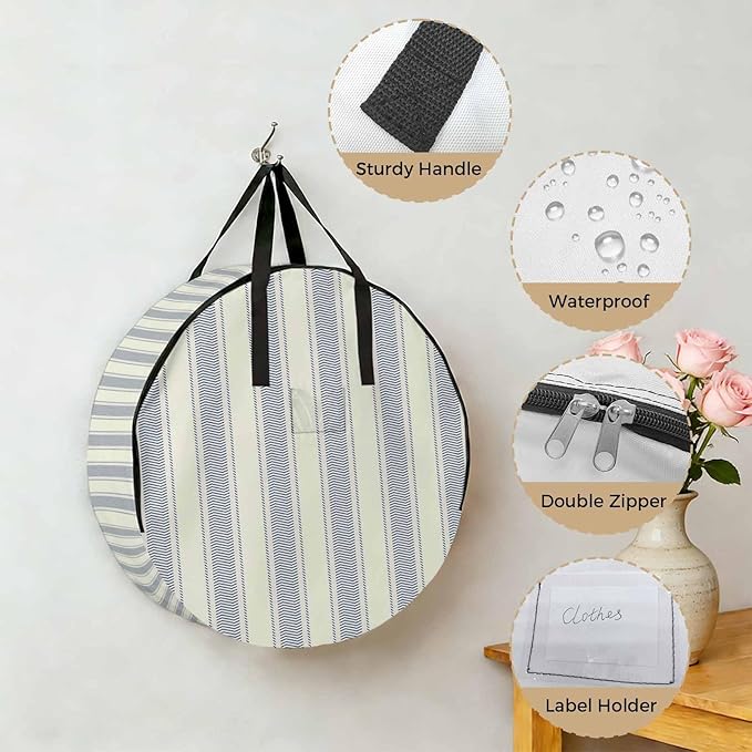 Storage Bag Blue Stripes Round Storage Totes Bins Closet Organizers with Zippers & Handle Vertical Striped Line Clothes Storage Container for Bedroom Dorm Space Saving Packing Supplies Moving Bags