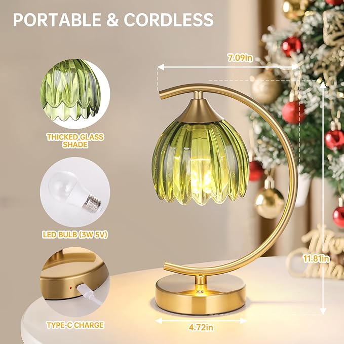 Shenmoyl Set of 2 Tulip Table Lamp, 5200mAh Cordless Touch Control Table Lamp with 3 Color Temps & Stepless Dimming, Rechargeable Battery Table Lamp for Living Room, Bedroom, Office(Green Tulip)