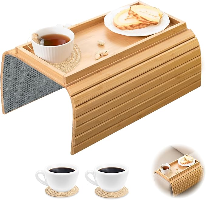 WCHOSOZH Bamboo Sofa Arm Tray with 2Pcs Cup Mats, Foldable Sofa Armrest Tray Side Table, Anti-Dropping Couch Armrest Table Cup Holder for Eats Drinks Snacks Remote Cellphone