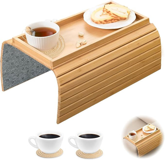 WCHOSOZH Bamboo Sofa Arm Tray with 2Pcs Cup Mats, Foldable Sofa Armrest Tray Side Table, Anti-Dropping Couch Armrest Table Cup Holder for Eats Drinks Snacks Remote Cellphone