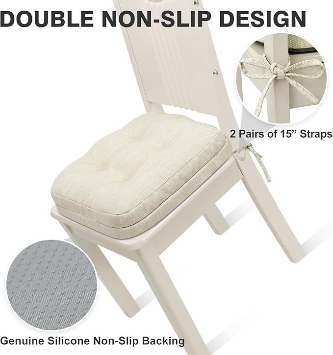 Shinnwa Kitchen Chair Cushions Set of 6, Dual-Layer Memory Foam Dining Chair Cushions, Patented Design Seat Pads with Ties, 16.5 x 16.5 x 3.5in, 6 Pack, Ivory