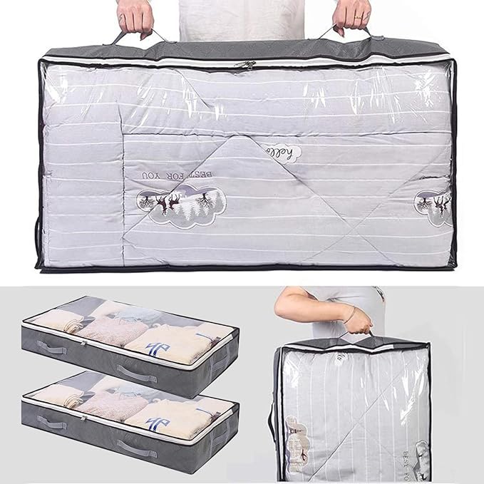 4 Pack Under the Bed Storage, 75L Foldable Stackable Large Clear Comforter Storage Bag with Zipper,Durable Sturdy Storage Containers for Wrapping Paper,Comforter,Pillows,Clothes,Blanket,Shoes