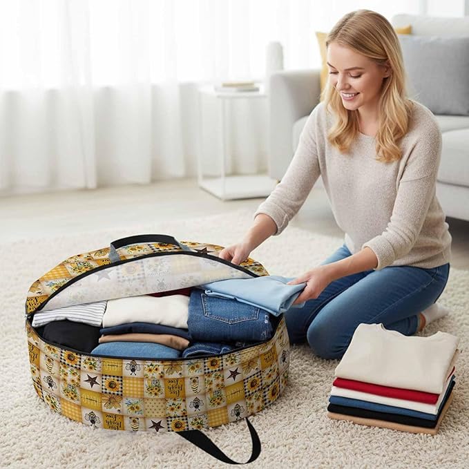 Farmhouse Round Storage Bag 24 Inch, Sunflower Gnome Bee Star Yellow Buffalo Plaid Patchwork Clothes Storage Container with Handles Heavy Duty Organizer for Comforter, Bedding & Holiday Wreaths