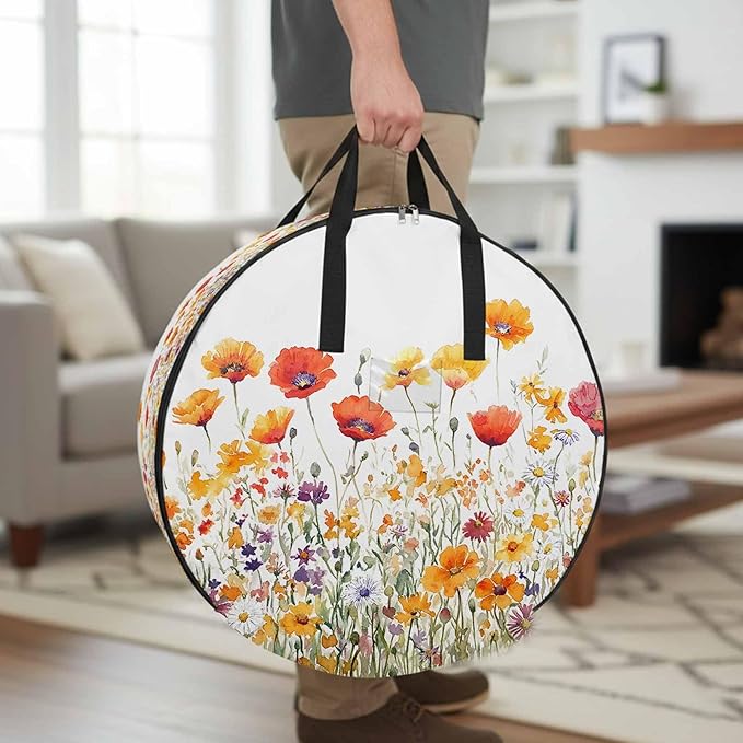 Yellow Orange Poppy Round Storage Bag 24 Inch, Watercolor Flower Spring Summer Floral Clothes Storage Container with Handles Heavy Duty Organizer for Comforter, Bedding & Holiday Wreaths