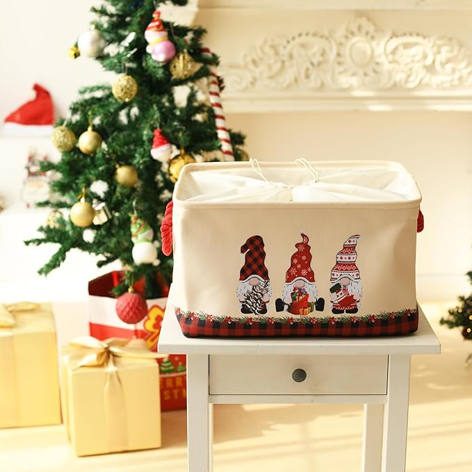 INough Christmas Baskets for Gifts Empty, Christmas Gnomes Basket, Large Gifts Bags for Holiday Ornaments Collapsible Storage Bins with Drawstring for Kidsroom (Medium, Three Gnomes)