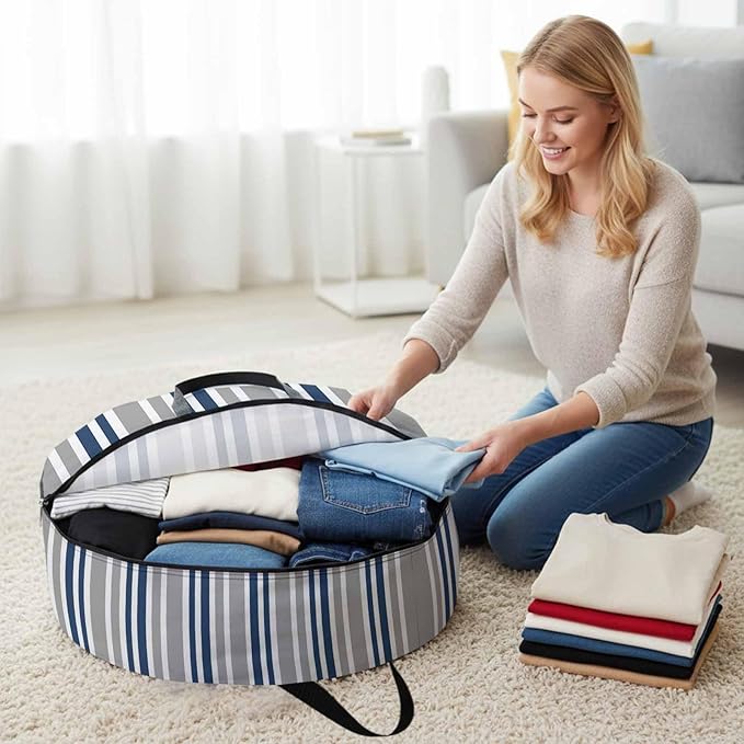 Storage Bag Navy Blue Stripes Round Storage Totes Bins Closet Organizers with Zippers & Handle Grey Striped Lines Clothes Storage Container for Bedroom Dorm Space Saving Packing Supplies Moving Bags
