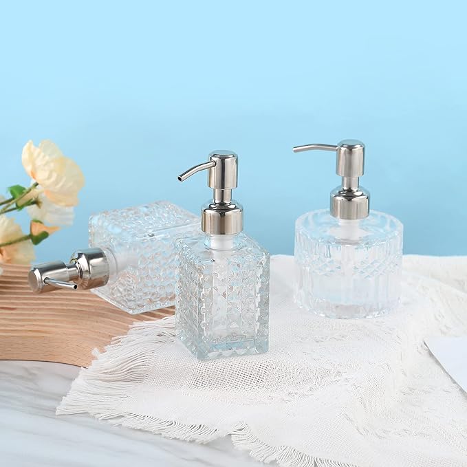 YunNasi Soap Dispenser with Stainless Steel Pump, Clear Crystal Design, Vintage and Elegant, Refillable Liquid Hand Soap Dish Soap Dispensers for Bathroom Counter, Kitchen Sink (Style 4)