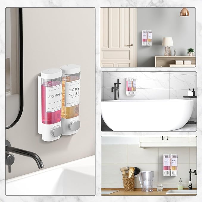 Shampoo and Conditioner Dispenser Bathroom Shower Soap Dispenser Wall Mounted Shampoo Dispenser for Shower Wall No Drill 2 * 300ml White 2 Chamber with Waterproof Labels