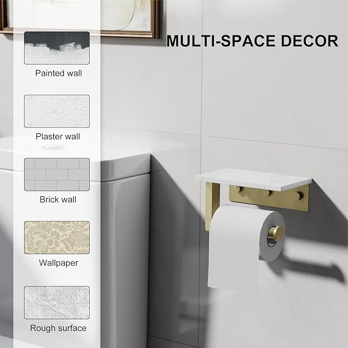 Brushed Gold Toilet Paper Holder with Marble Shelf, 304 Stainless Steel Tissue Hand Holder Wall Mounted Toilet Paper Roll Hold with Phone Shelf for Bathroom Kitchen Washroom Bedroom