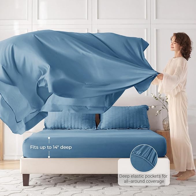 MUXHOMO 5 Pieces Twin Comforter Set, Seersucker Bed in a Bag Twin Size, All Season Luxury Bedding Set with Comforter, Flat Sheet, Fitted Sheet, Pillowcase & Sham, Mineral Blue