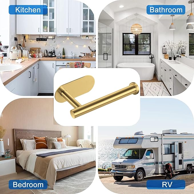Toilet Paper Holder, Self Adhesive Toilet Paper Roll Holder No Drilling Wall Mount for Kitchen, Bathroom, Toilet, Brushed Gold Stainless Steel