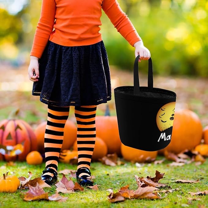 Personalized Halloween Trick or Treat Candy Bag with Name Custom Text Party Tote Bucket Halloween Candy Basket Gift (Bag-9)