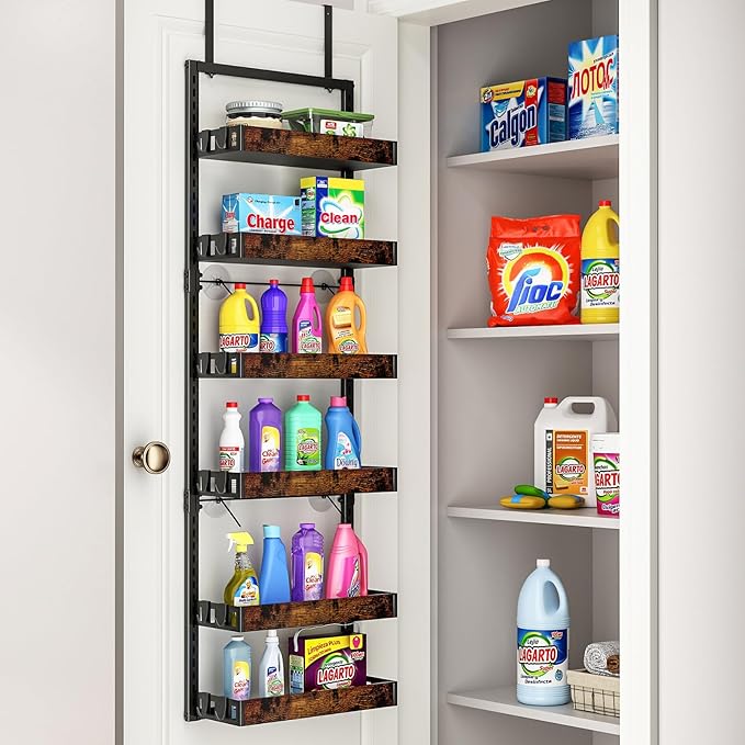 BUKFEN 6-Tier Over the Door Pantry Organizer, 2-in-1 Door Hanging or Wall Mounted Spice Rack, Heavy Duty Metal Storage Shelves with Adjustable Wooden Baskets for Kitchen Bathroom Closet