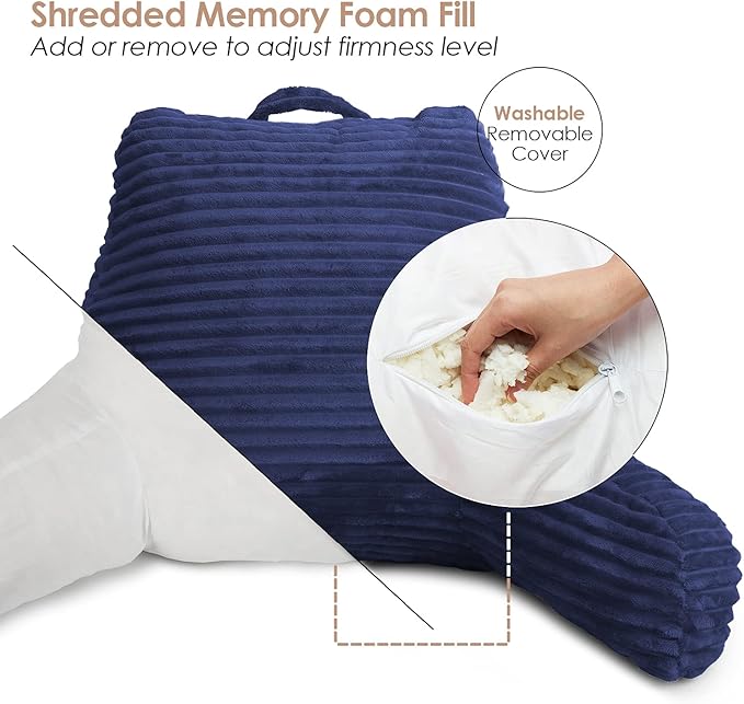 Clara Clark Reading Pillow for Bed Adult – Back Pillow for Sitting in Bed, Standard Plush Bed Pillows for Sitting Up in Bed, Shredded Foam Bed Chair Pillow with Arms and Pockets, Navy Bed Rest Pillow