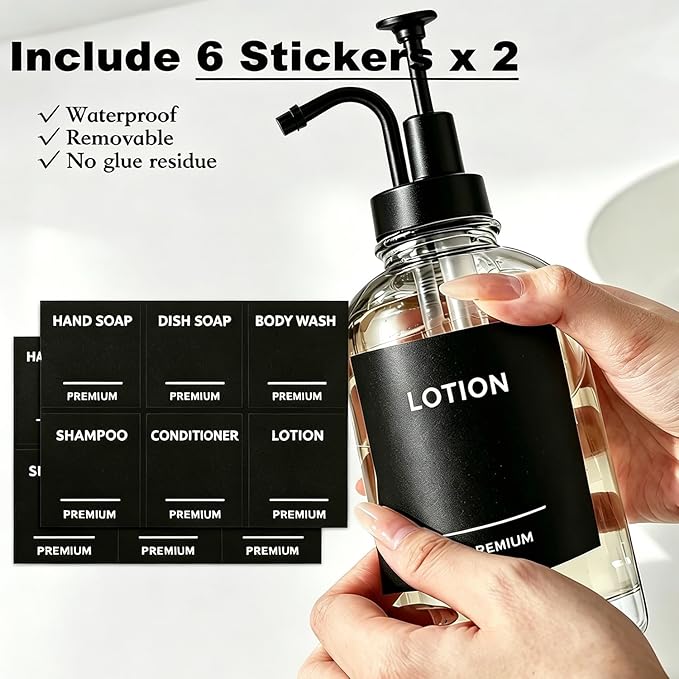 Dish Soap Dispenser for Kitchen, Hand Glass Soap Dispenser Set with Pump, Tray, Funnel for Bathroom, Shower, Laundry, Liquid, Lotion (Black 2 Pack 18 Oz Clear Bottles with 12 Stickers)