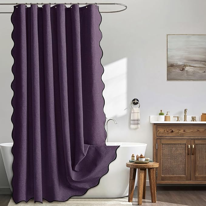 MIULEE Purple Scalloped Shower Curtain Linen Textured with 12 Metal Hooks Cute Heavy Duty Washable Waterproof Thick Cloth Shower Curtains with Black Border for Bathroom Hotel Bathtub,W72*L72