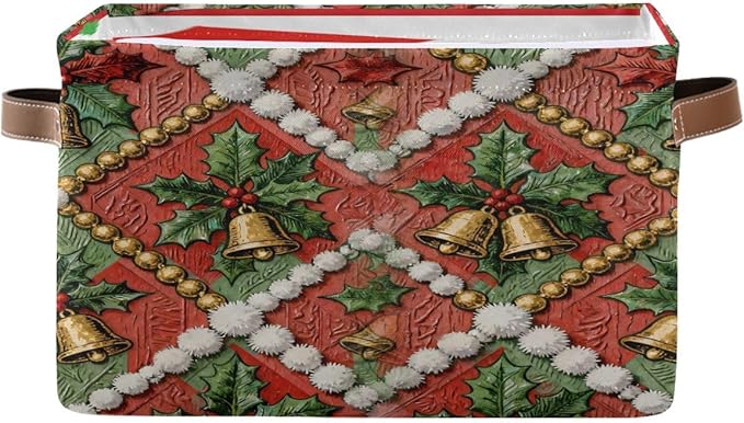 Christmas Storage Basket, Collapsible Canvas Box with Leather Handles, 14.2x10.2x8.3 Inches, Festive Holiday Pattern, Water Resistant, Rectangular Organizer for Bedroom Storage
