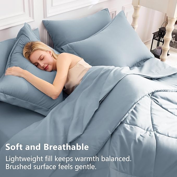 CozyLux Oversized Queen Comforter Set Dusty Blue, 7 Pieces Bed in a Bag Comforter Set with Sheets Luxury Bed Set All Seasons, Bedding Set with Down Alternative Comforter, Sheets, Pillowcases & Shams
