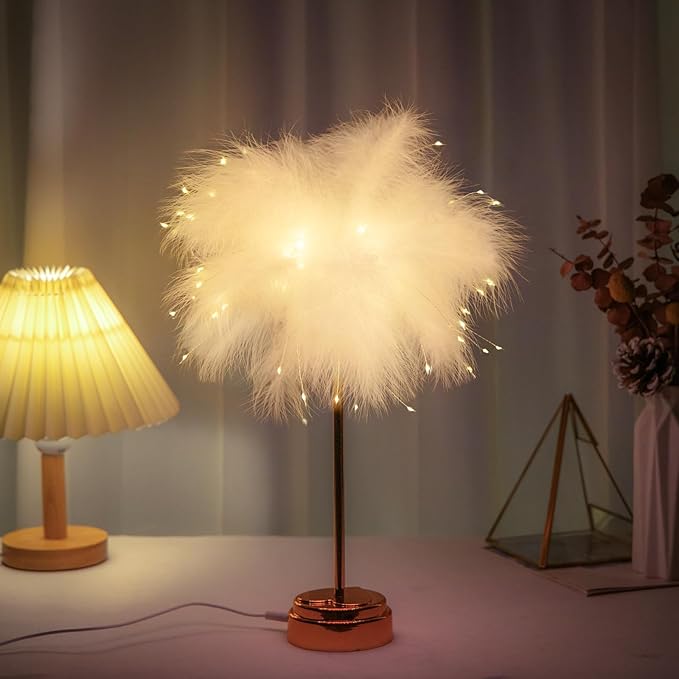 BDUSXYZ White Feather Lamp - LED Atmosphere Feather Night Lights Bedside Lamps for Mother, Girlfriend Home Girl Room Wedding Decoration