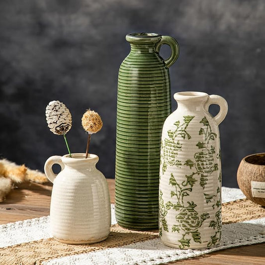 Ceramic Vases Set of 3, Farmhouse Country Flower Vase Home Decor,Living Room Kitchen Bathroom Decoration, Table Centerpieces, Shelf and Entrance Decorations-Multicolor.