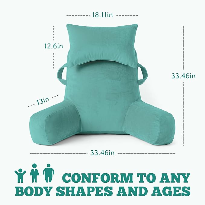 Unisakey Portable Reading Pillows with Headrest for Bed Sitting Up(Lake Blue Oeko-Tex), Velvet Back Pillow with Arms & Pockets for Adults, Support Memory Foam Bed Pillow for Dorm/Watching/Gaming