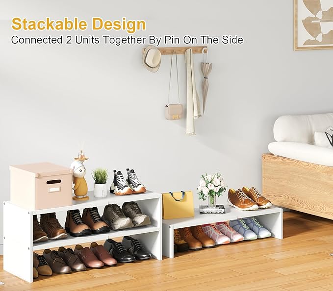 Cidaziya 2 Pack Expandable 1 Tier Shoe Rack for Shoe Cabinet, 1 Tier Stackable White Shoe Shelf Organizer for Closet, Sturdy Metal and Wood Structure, Hold 12-16 Pairs of Shoes