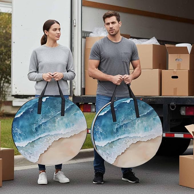 Abstract Waves Round Storage Bag 36 Inch, Blue White Ocean Spray Seaside Watercolor Clothes Storage Container with Handles Heavy Duty Organizer for Comforter, Bedding & Holiday Wreaths
