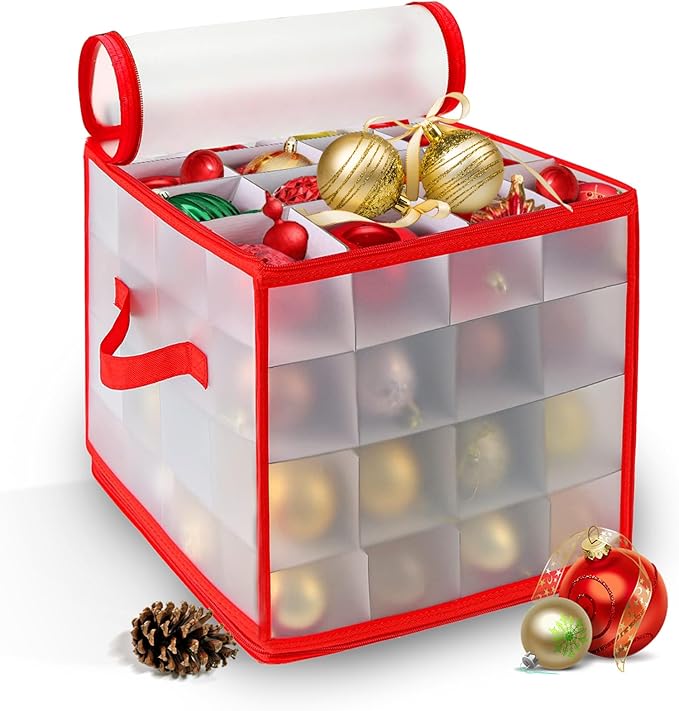 Christmas Ornament Storage Box, 64 Christmas Decoration Storage Box with Two Handles, Holiday Xmas Ornaments Box with Lid, Double-Sided Trays with Durable Zippers for Season