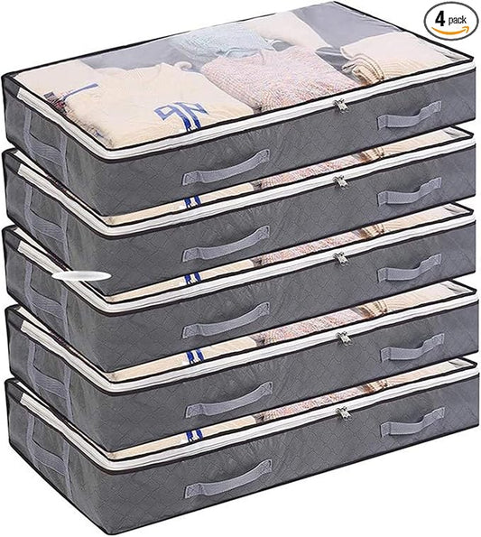 4 Pack Under the Bed Storage, 75L Large Stackable Clear Foldable Storage Containers for Organizing,Durable Sturdy Clothing Storage Bags for Wrapping Paper,Pillows,Comforter,Blanket,Shoes,Clothes