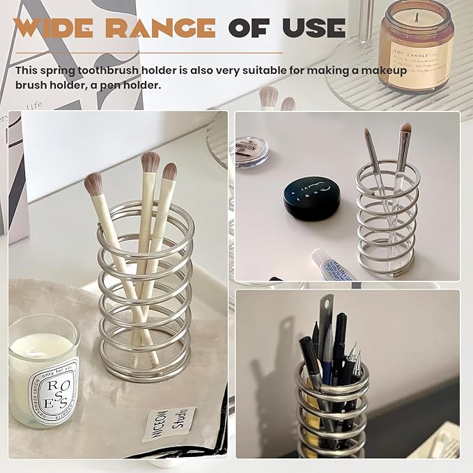 Spring Toothbrush Holder, Stainless Steel Spring Shaped Desktop Toothbrush Holder, Multifunctional Pen Holder Makeup Brush Toothbrush Storage for Bathroom Tabletop Dressing Table and Sink (Silvery)