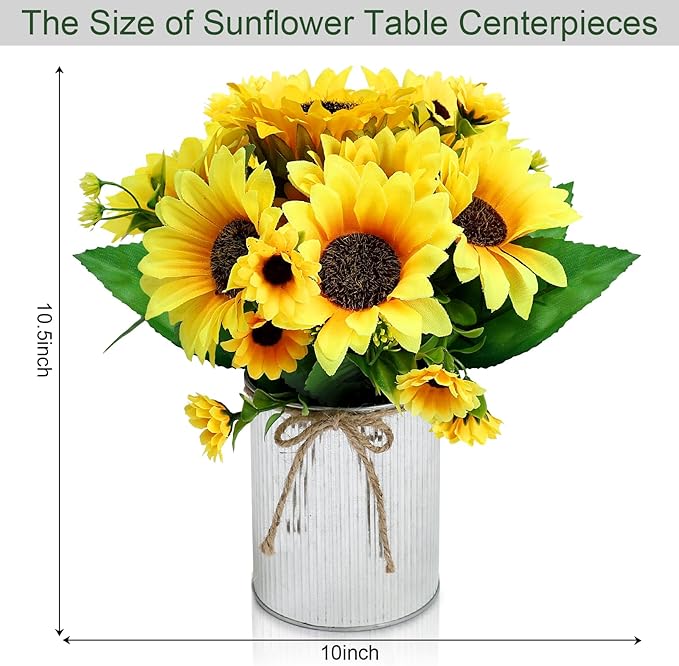 Artificial Sunflower Table Centerpieces - Set of 6 Faux Spring Summer Sunflowers Arrangements with Rustic Metal Vase for Kitchen Office Bathroom Home Farmhouse Wedding Party Decorations
