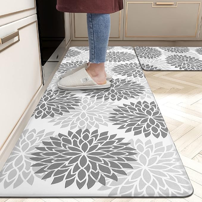 HEBE Anti Fatigue Kitchen Rugs Sets of 2, Non Slip Kitchen Mats for Floor, Waterproof Cushioned Comfort Standing Carpet for Kitchen Sink, Home Office, Laundry Room, Gray