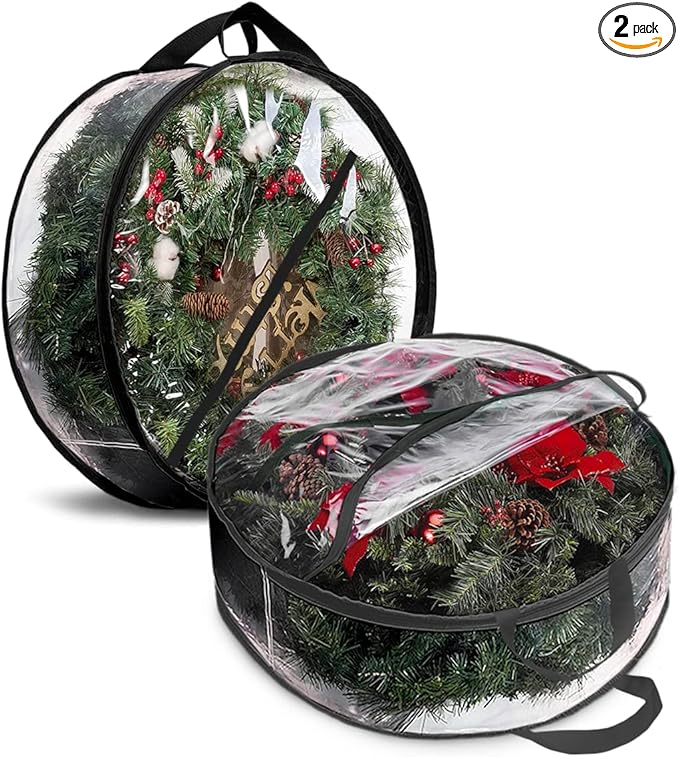 ProPik Christmas Wreath Storage Bag - 2 Pack Artificial Christmas Wreath Storage Container- Garland Holiday Wreath Storage Holder –Water Proof Transparent Clear PVC - with Handles (Black, 48 Inch)