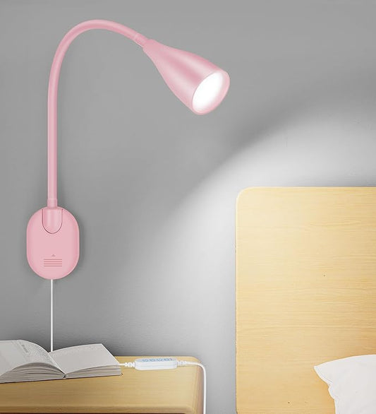 LiFMIRA Wall-Mounted LED Bedside Reading Light with USB Charging Port, 10-Level Dimmable & Adjustable 5 Color, Plug-in Adhesive Night Lamp for Books in Bed, Eye-Caring Bedroom Lighting (Pink)