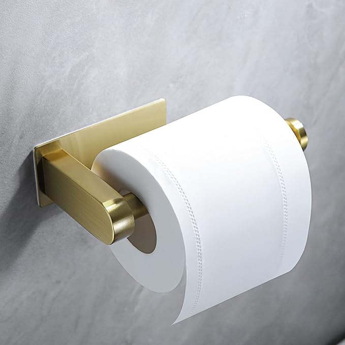 YIGII Adhesive Toilet Paper Holder - Self Adhesive Toilet Paper Roll Holder Wall Mount for Bathroom, Premium Thicken Brushed Brass Stainless Steel, Rustproof