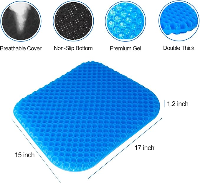 EVEME Gel Seat Cushion for Long Sitting with Non-Slip Cover, Soft & Breathable, Seat Cushion for Chair, Car, Office, Desk Chair, Wheelchair (17" x 15" x 1.2" - Blue)