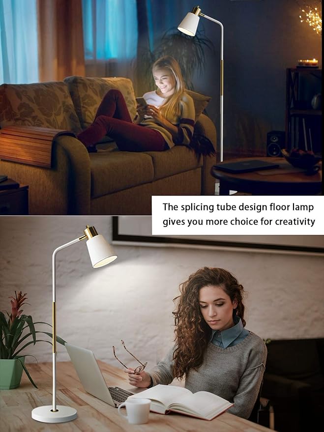 LALISU Floor Lamp, Industrial Floor Lamps for Living Rooms Rustic Farmhouse Reading Standing Floor Lamp Adjustable Metal Heads Indoor Task Lighting for Living Room Bedroom Office Home Décor (White)