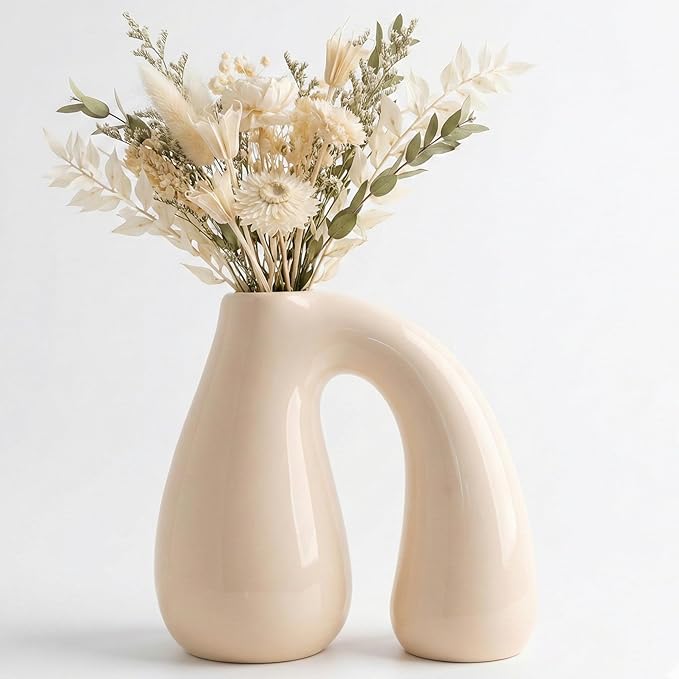 PROBENEX Cream White Ceramic Decorative Pitcher Vase, 7.5 in – Glossy Sculptural Arch-Handle, Modern Home Décor Accent for Fresh or Dried Floral Arrangements, Table/Shelf/Entryway, Giftable