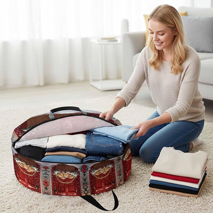 Winter Christmas Round Storage Bag 30 Inch, Golden Retriever Basket Red Front Door Clothes Storage Container with Handles Heavy Duty Organizer for Comforter, Bedding & Holiday Wreaths