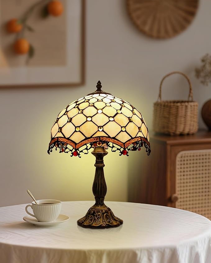 Tiffany Lamp Cream Amber Stained Glass Bead Table Lamp Desk Bedside Reading Light 12X12X18 Inches Deco Bedroom Living Room Home Office