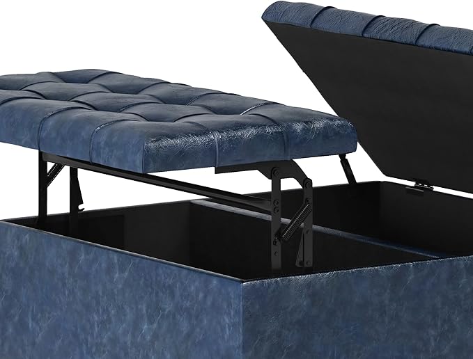 SIMPLIHOME Harrison Coffee Table Storage Ottoman - 36 inch Wide Upholstered Vegan Leather Square Lift-Top Ottoman in Denim Blue, Transitional Ottoman for Living Room with Hidden Storage